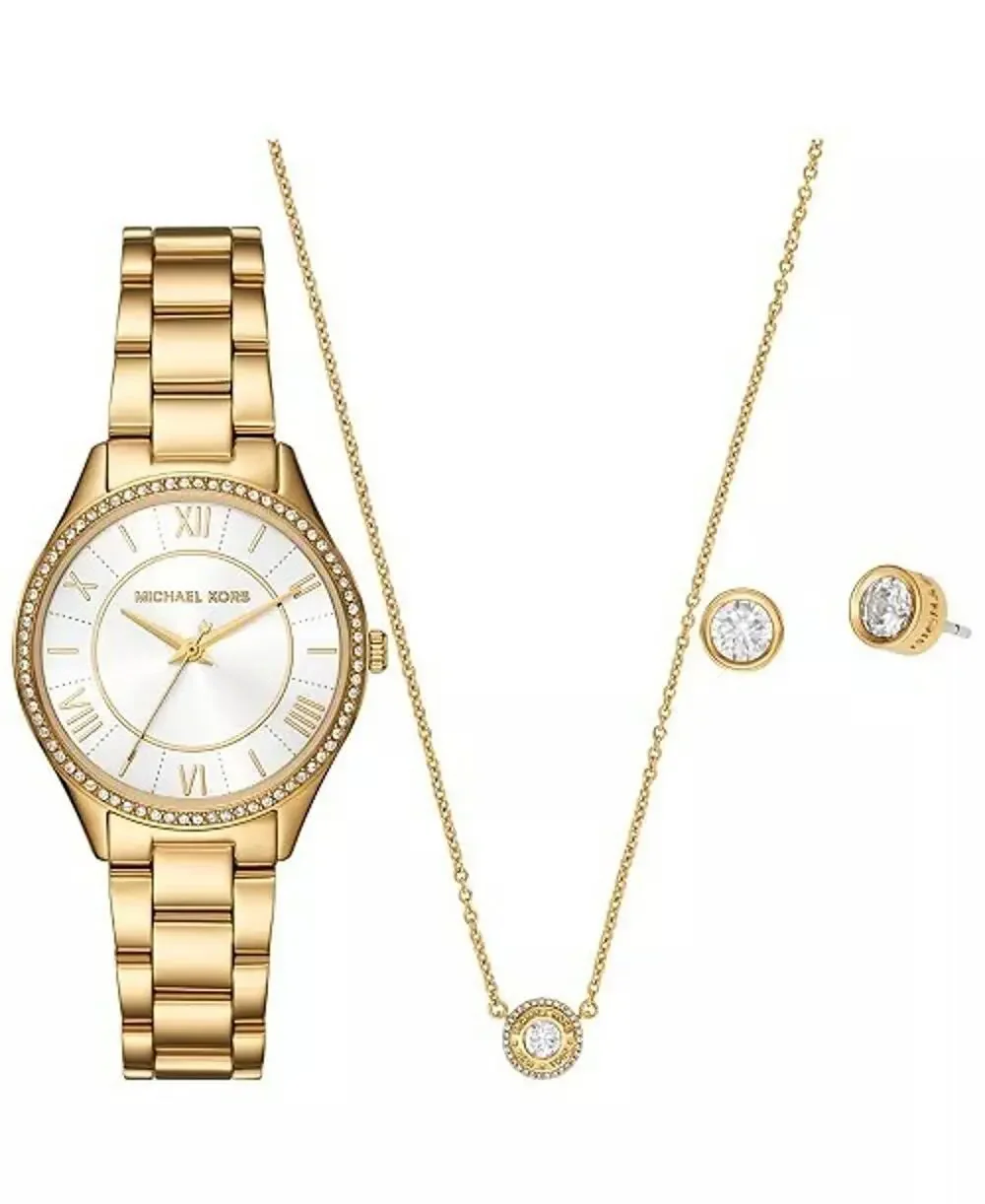 Michael Kors Lauryn Stainless Steel Quartz Watch Earrings and Necklace Gift Set